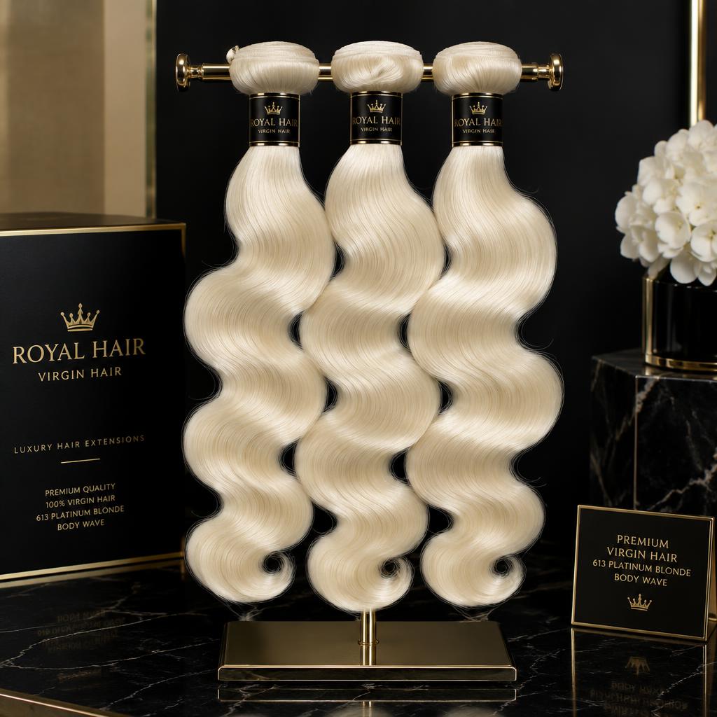 613 platinum blonde body wave hair bundles on a stand