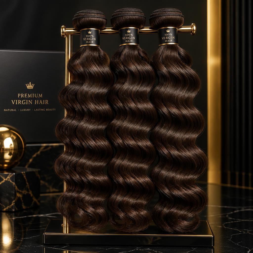 Big deep wave natural brown hair bundles on a stand