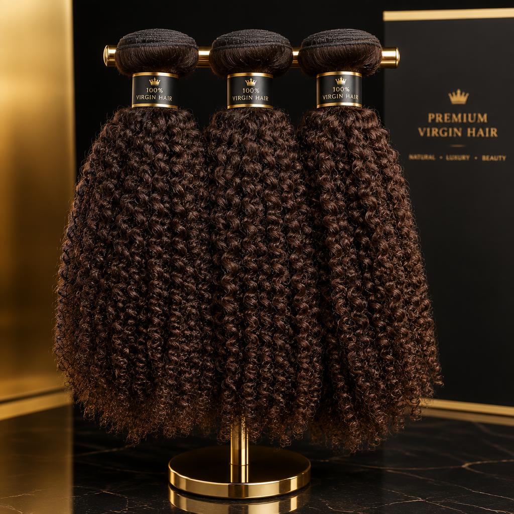 Kinky curly natural brown hair bundles on a stand