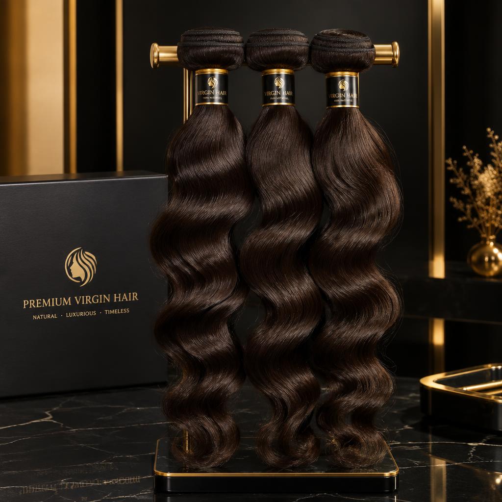 Loose wave natural brown hair bundles on a stand